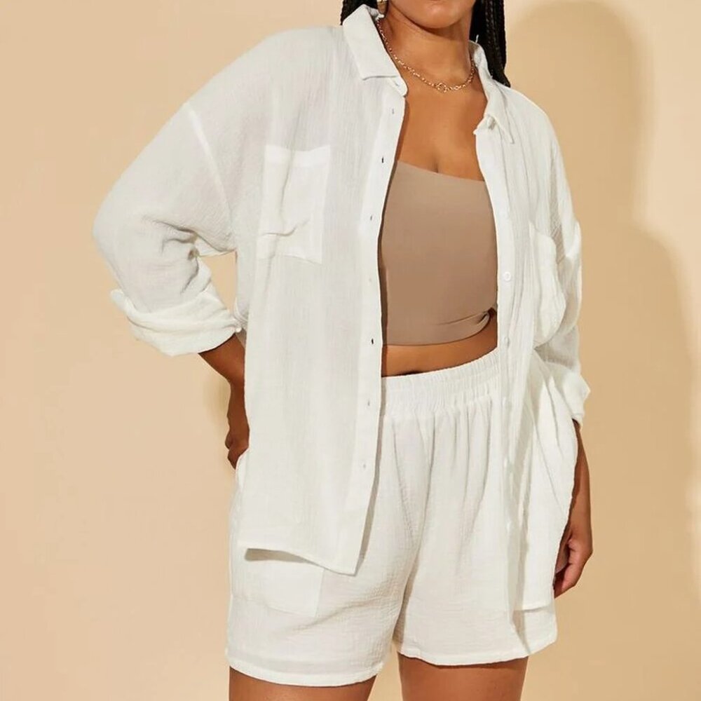 Plus Size Crinkled Shirt & Shorts Set